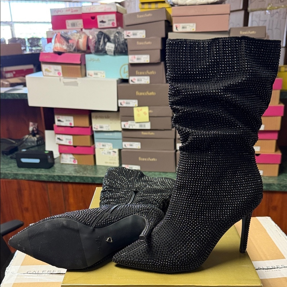 Thalia Sodi Black Rhinestone Slouchy Pointed-Toe Stiletto Boots (WIDE)